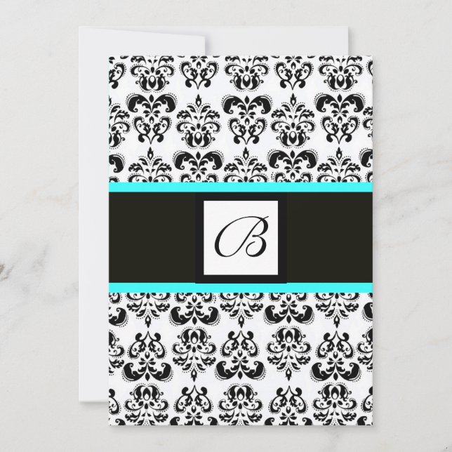 Convites DAMASK MONOGRAM, preto e branco, azul turquase (Frente)