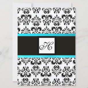 Convites DAMASK MONOGRAM, preto e branco, azul turquase