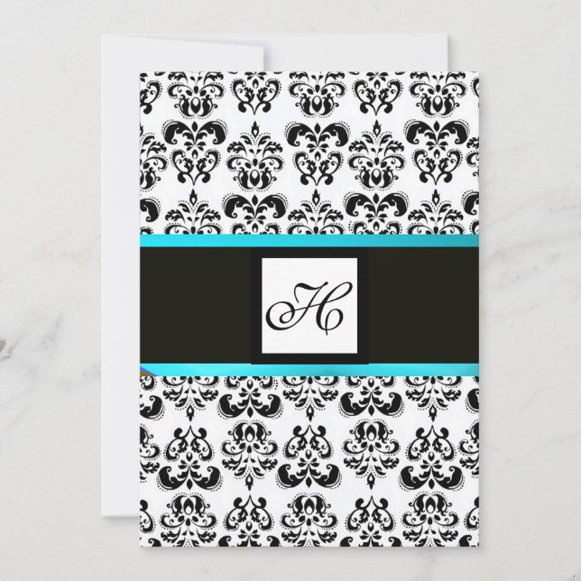 Convites DAMASK MONOGRAM, preto e branco, azul turquase (Frente)