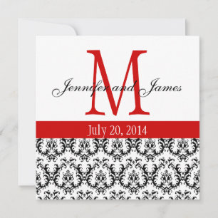 Convites Damask Monograma de Casamento do Elegante Vermelho