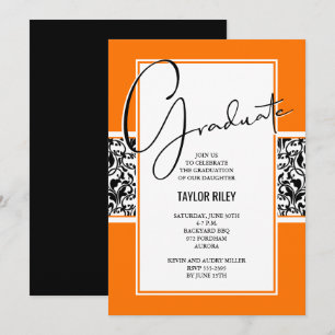 Convites Damask Orange Black Festa de formatura