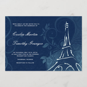 Convites Damask Parisienne - Casamento Azul Escuro