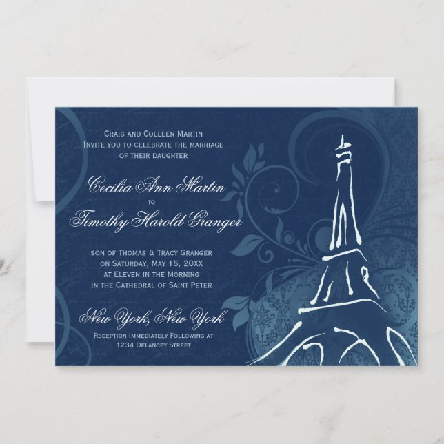 Convites Damask Parisienne - Casamento Azul Espanhol (Frente)