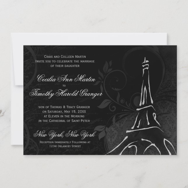 Convites Damask Parisienne - Casamento Negra à Meia-Noite (Frente)