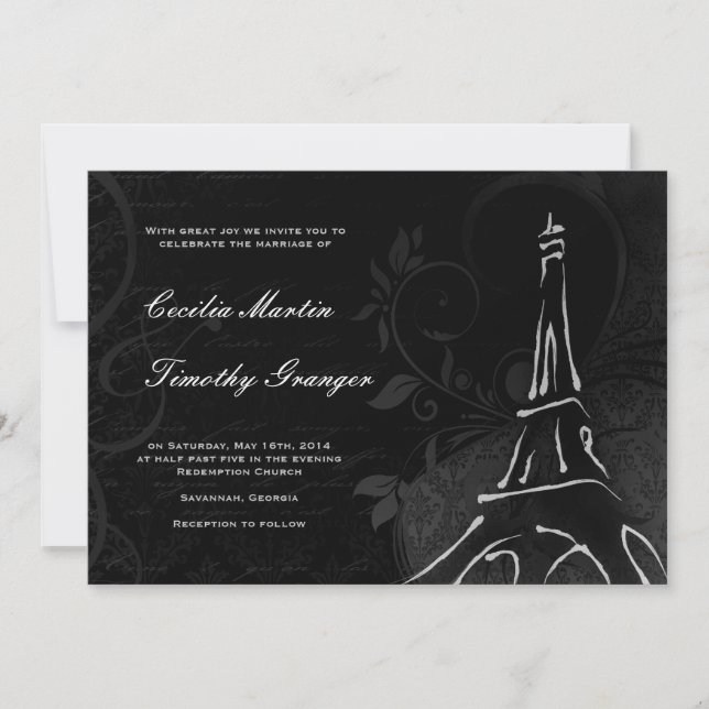 Convites Damask Parisienne - Casamento Negra à Meia-Noite (Frente)