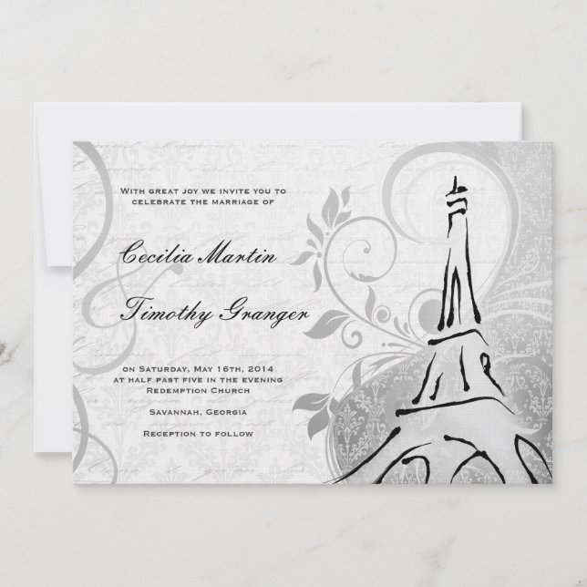 Convites Damask Parisienne - Casamento preto e branco legan (Frente)