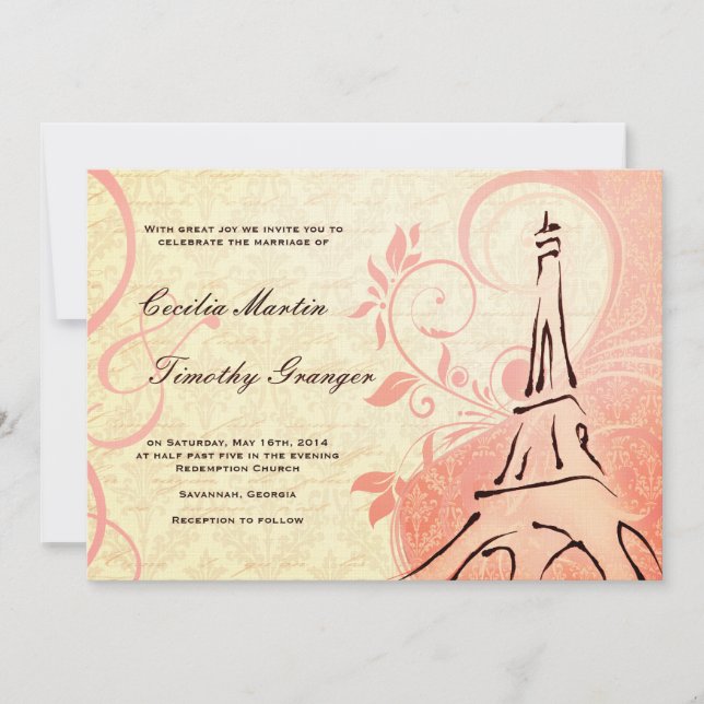 Convites Damask Parisienne - Casamento rosa e creme (Frente)