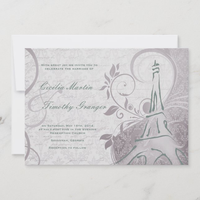 Convites Damask Parisienne - Sutil Casamento Teal & Purple (Frente)