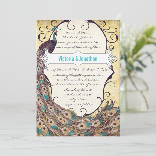 Convites Damask Peacock Elegance EggPlant Dourada e Aqua (Em pé/Frente)