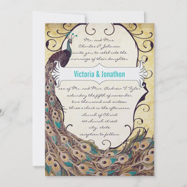 Convites Damask Peacock Elegance EggPlant Dourada e Aqua (Frente)