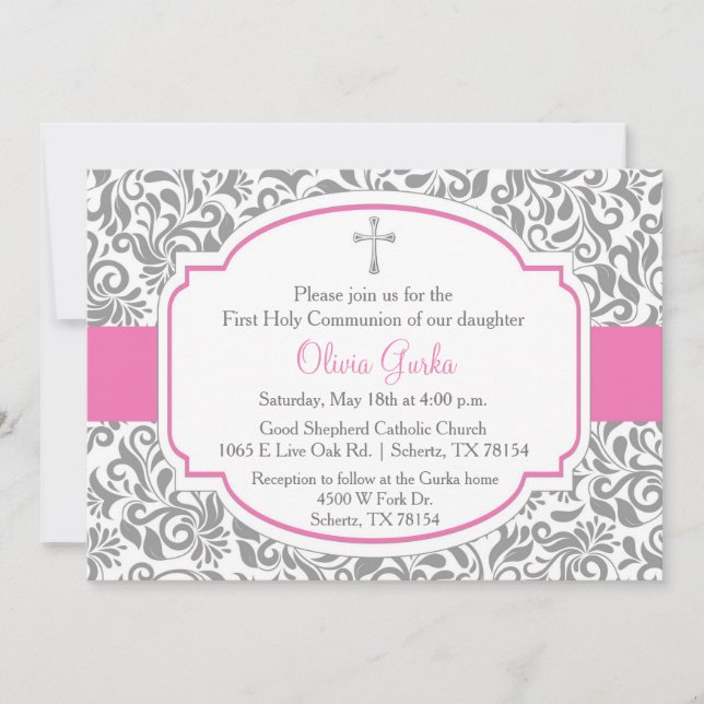 Convites Damask Pink Girls First Communcard (Frente)