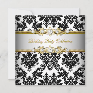 Convites Damask Preto Branco Dourado Prata Creme Festa Eleg
