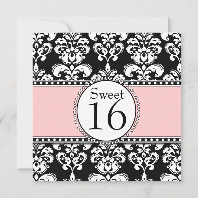 Convites Damask Sweet 16 Birthday Invitations Pink (Frente)
