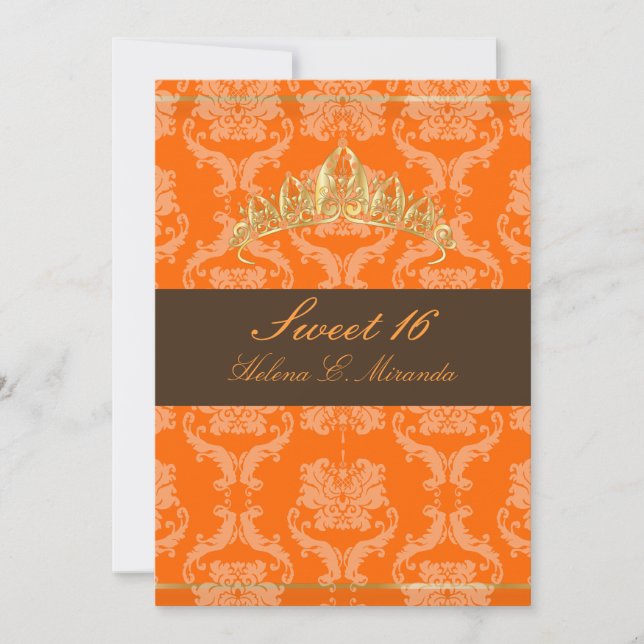 Convites Damask Sweet 16/laranja chocolate tiara/cor seca (Frente)