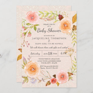 Convites Damask Tipografia Blush n Watercolor Floral Dourad