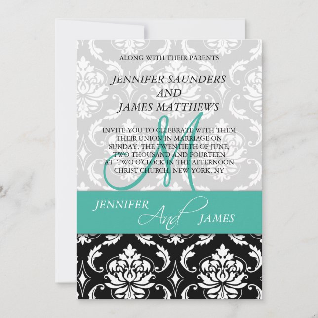 Convites Damask Turquoise Monogramas Nomes de Casamento Con (Frente)