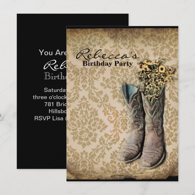 Convites Damask wildflower Western Country Cowboy party (Frente/Verso)