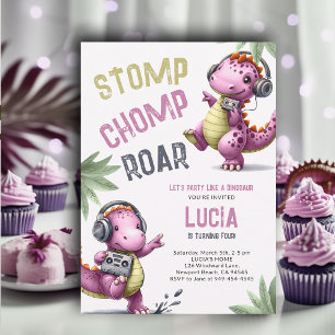 Convites Dança de Dinossauro Rosa Estomp Chomp Roar Girl An