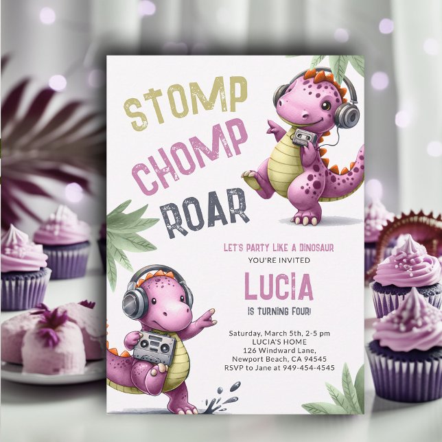 Convites Dança de Dinossauro Rosa Estomp Chomp Roar Girl An (Dinosaur girl birthday invitation dino stomp chomp roar pre historic jungle dance dancing party pink)