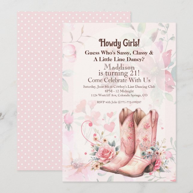 Convites Dança de linha de aniversário da cowgirl (Frente/Verso)
