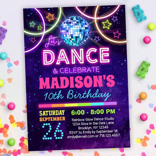 Convites Dance Birthday Girls Neon Disco Dance Party (Criador carregado)