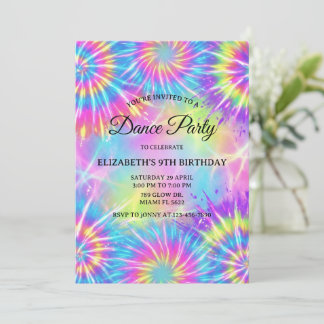 Convites Dance Birthday Party Tie Dye Glow Dance Disco