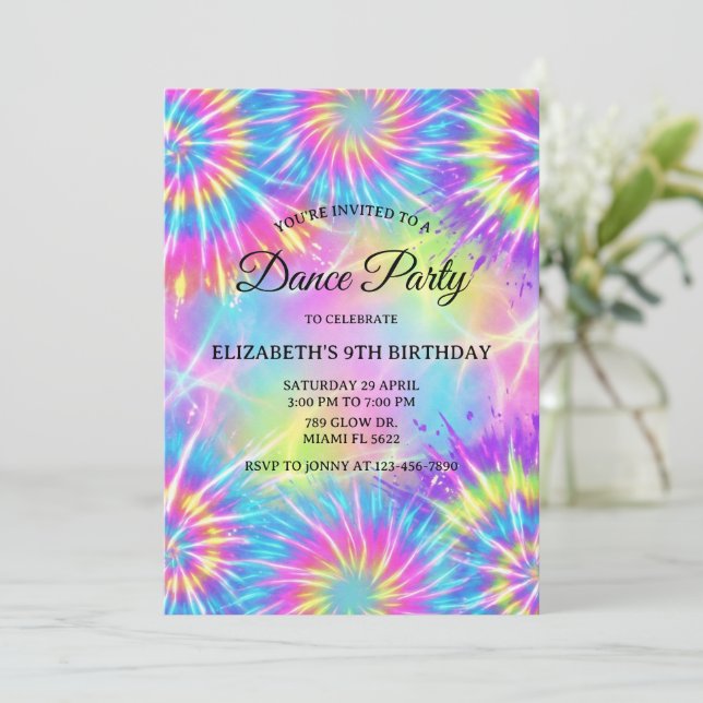 Convites Dance Birthday Party Tie Dye Glow Dance Disco (Em pé/Frente)