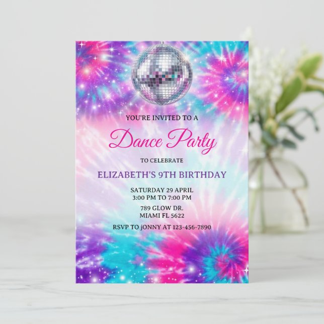 Convites Dance Birthday Party Tie Dye Glow Dance Disco (Em pé/Frente)