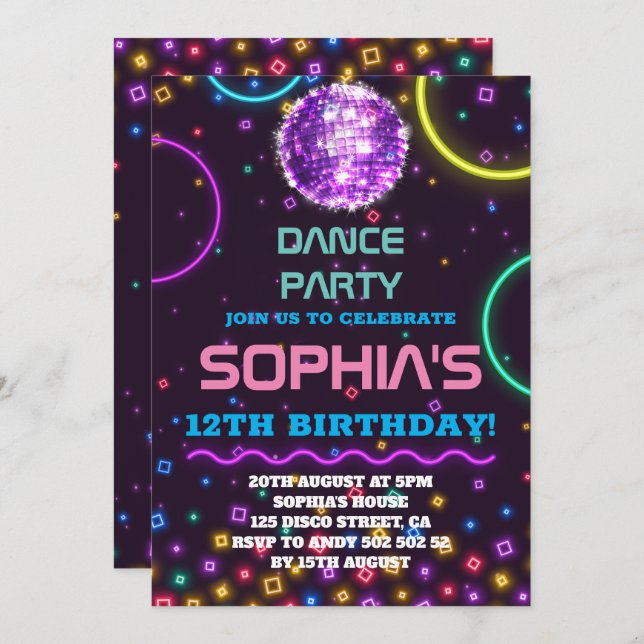 Convites Dance Party Birthday Glow Rainbow Disco Ball (Frente/Verso)