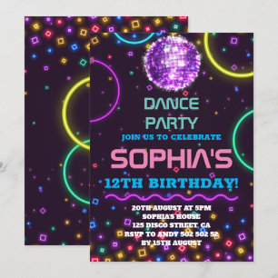 Convites Dance Party Birthday Glow Rainbow Disco Ball