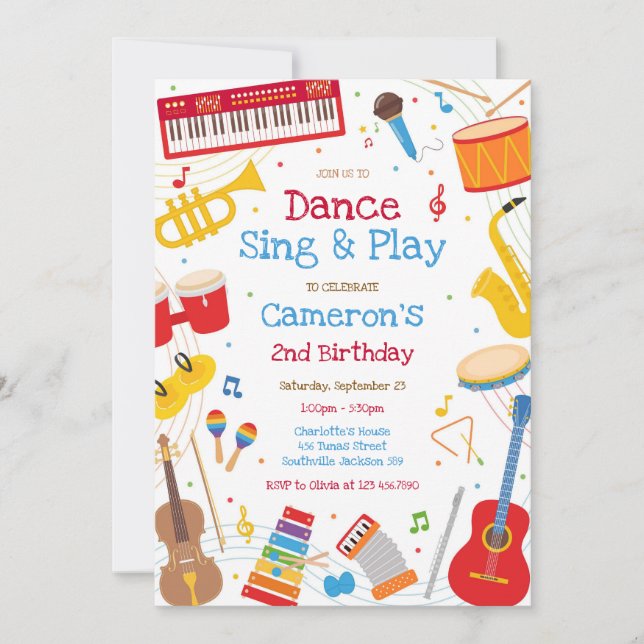 Convites Dance Sing Play Musical Instrument Birthday Party  (Frente)