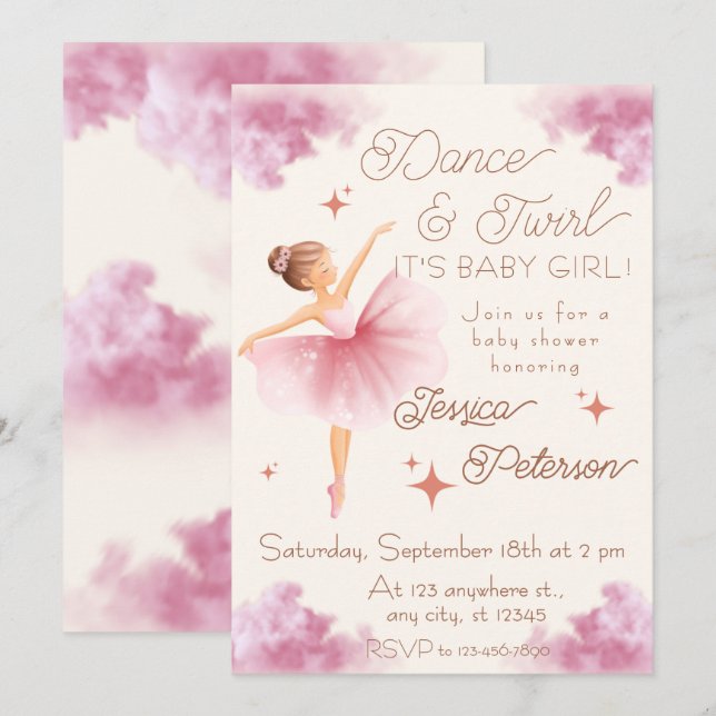Convites Dance & Twirl Ballerina Baby Shower (Frente/Verso)