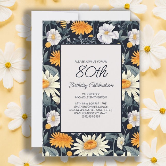 Convites Dandelions Daisions Marinho Azul Adulto 80 de Aniv (Dandelions and daisies 80th birthday party invitation for women)