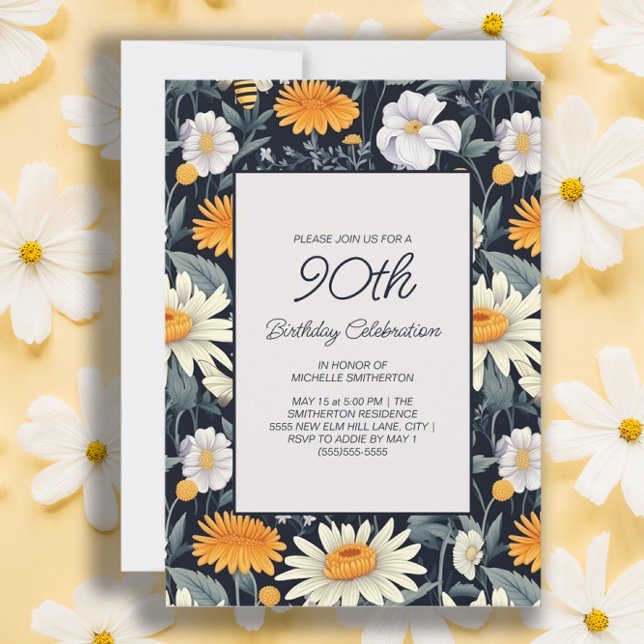 Convites Dandelions Daisions Marinho Azul Adulto 90 de Aniv (Dandelions and daisies women's 90th birthday party invitation)