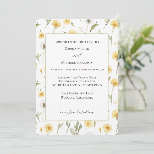 Convites Dandelions Flores Amarelas Brancas Casamento (Em pé/Frente)