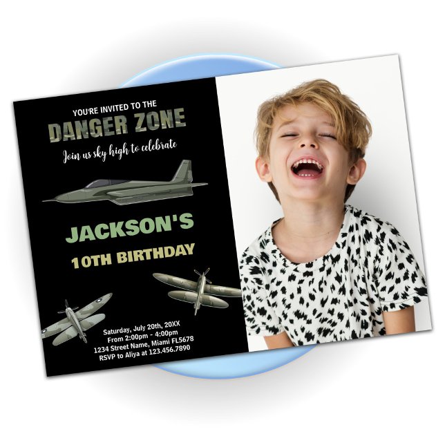 Convites Danger Fighter Jet Birthday convoca com Foto (Danger Fighter Jet Birthday Invitations With Photo)