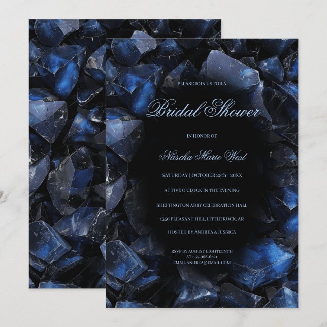 Convites Dark Blue Boho Witch Crystals Black Bridal Shower (Frente/Verso)
