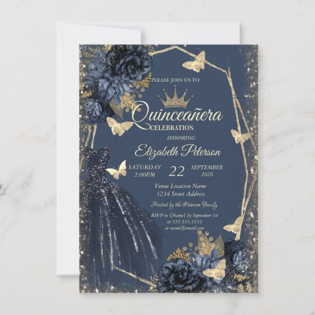 Convites Dark Blue Dress,Roses,Gold Butterflies Quinceañera (Frente)