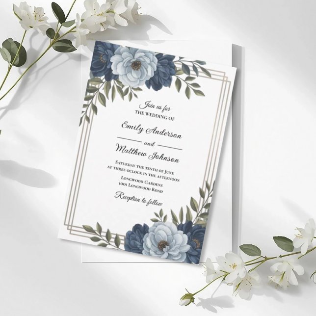 Convites Dark Blue Floral Frame Wedding Invitation (Criador carregado)