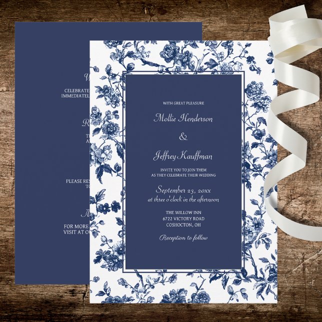 Convites Dark Blue Floral Wedding  (Criador carregado)
