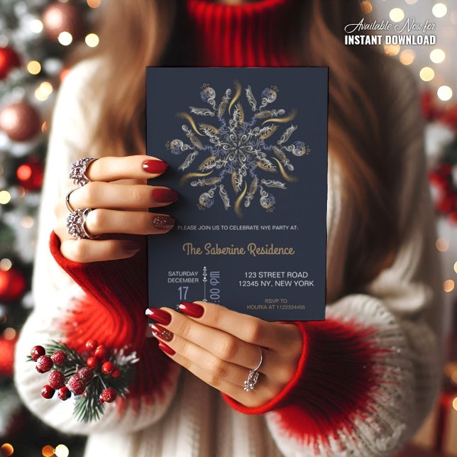 Convites Dark Blue & Gold Midnight Sparkle Stars New Year  (Criador carregado)