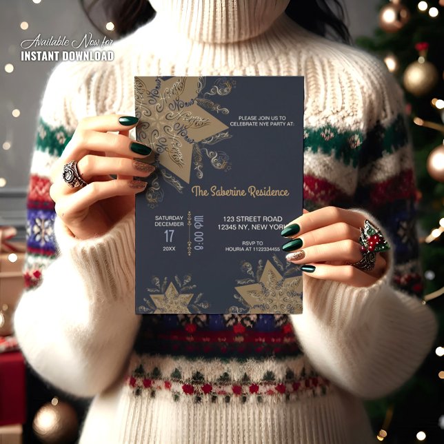 Convites Dark Blue & Gold Midnight Sparkle Stars New Year  (Criador carregado)