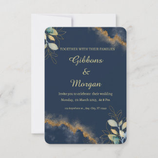 Convites Dark Blue Gold Watercolor Wash Modern Wedding 