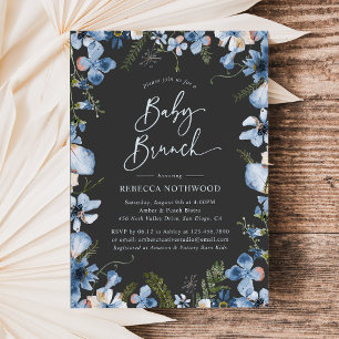 Convites Dark Boho Dusty Blue Floral Chá de fraldas Brunch