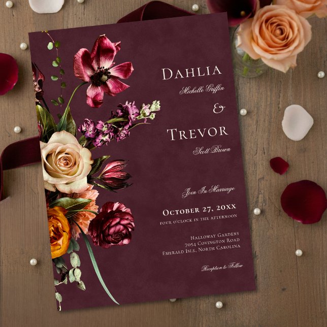 Convites Dark Elegant Autumn Floral Burgundy Wedding (Criador carregado)