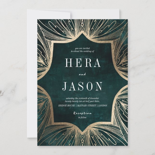 Convites Dark Emerald Green e Faux gold Art Nouveau (Frente)