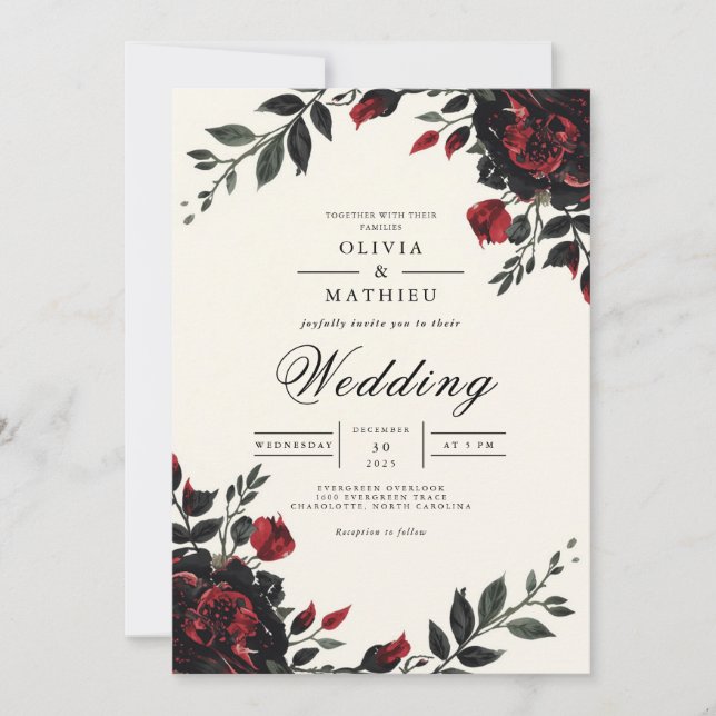 Convites Dark Floral Gothic Romance Wedding (Frente)