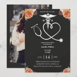 Convites Dark Floral Nursing Graduation Invitation with Hea