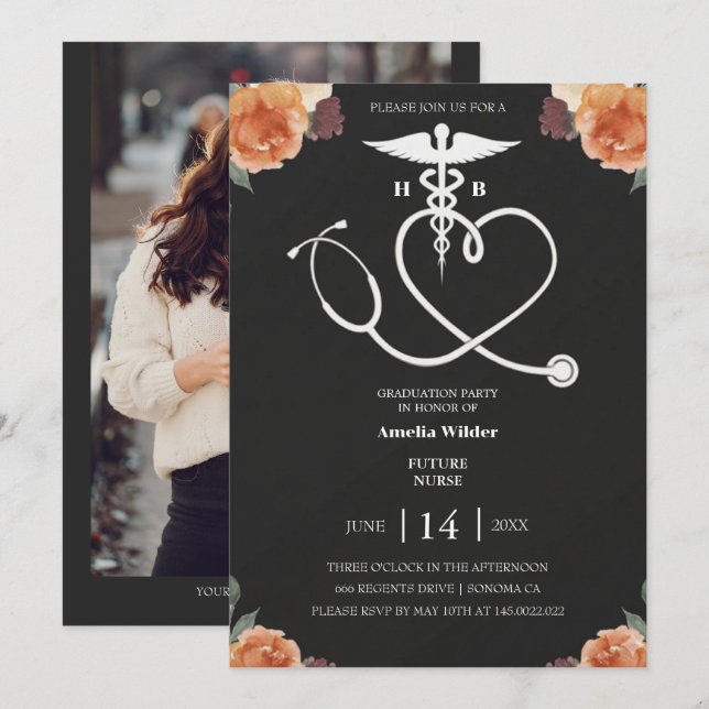 Convites Dark Floral Nursing Graduation Invitation with Hea (Frente/Verso)