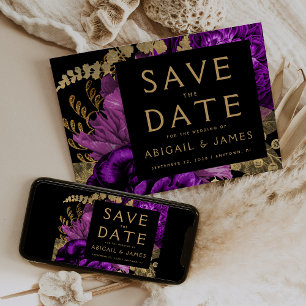 Convites Dark Floral Purple Gold Casamento Salvar a Data
